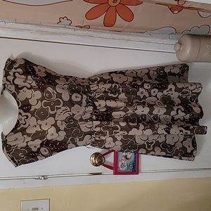 Vintage swing skater dress small brown beige flower print zip up cinched waist
